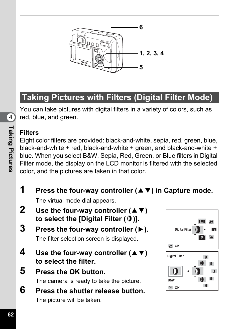 Taking pictures with filters (digital filter mode), P.62 | Pentax Optio 33LF User Manual | Page 63 / 106