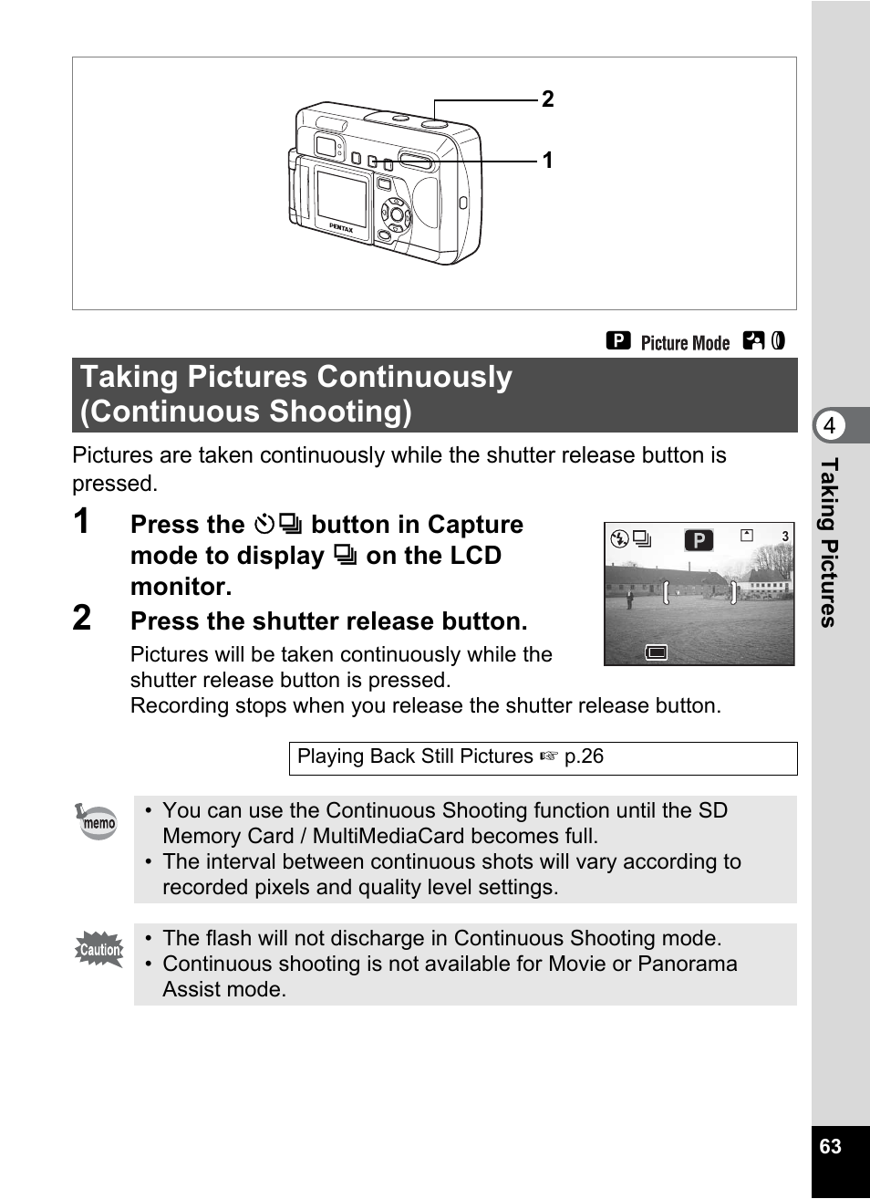 Taking pictures continuously (continuous shooting), Taking pictures continuously, Continuous shooting) | P.63 | Pentax Optio 33LF User Manual | Page 64 / 106