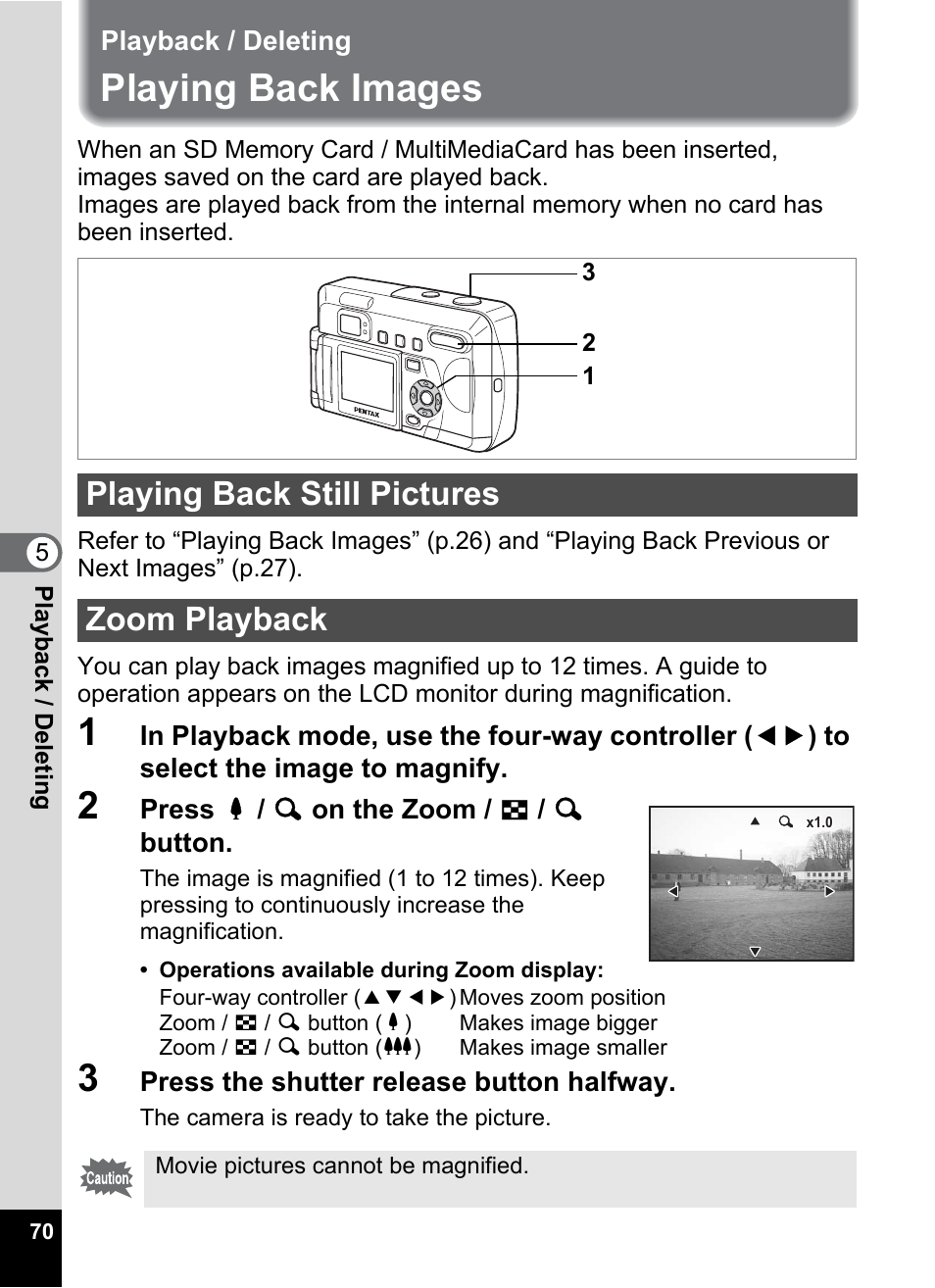 Playback / deleting, Playing back images, Playing back still pictures | Zoom playback, P.70), Playing back still pictures zoom playback | Pentax Optio 33LF User Manual | Page 70 / 106