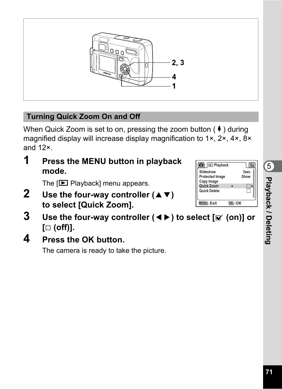 P.71, Press the menu button in playback mode, Press the ok button | Pentax Optio 33LF User Manual | Page 71 / 106