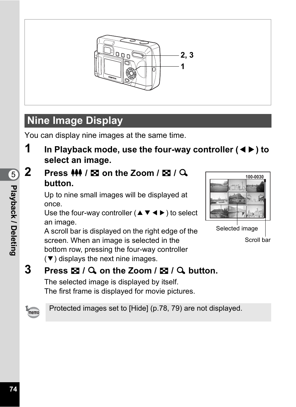 Nine image display, P.74) | Pentax Optio 33LF User Manual | Page 74 / 106