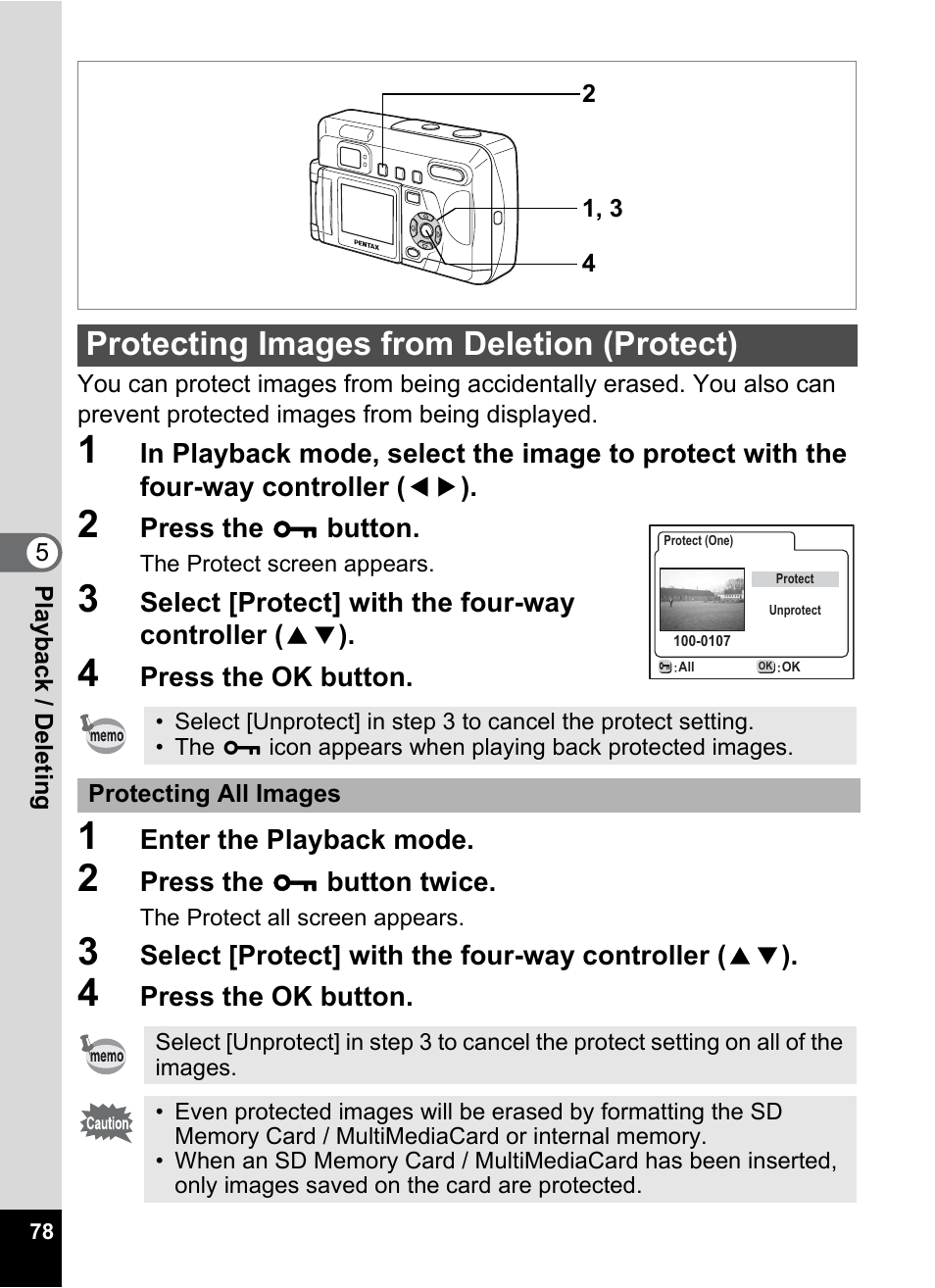 Protecting images from deletion (protect), P.78) | Pentax Optio 33LF User Manual | Page 78 / 106