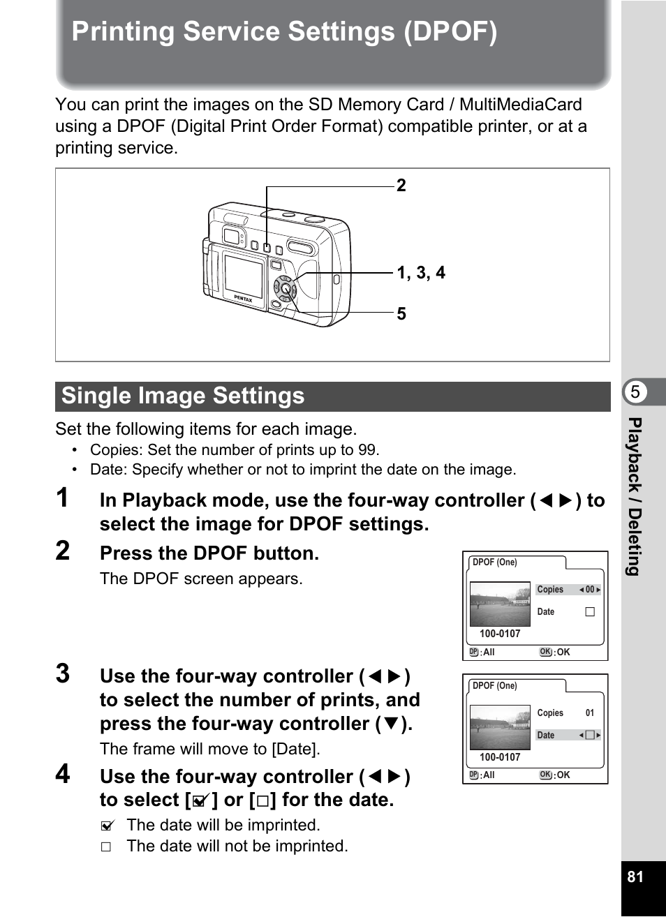Printing service settings (dpof), Single image settings, P.81) | Press the dpof button | Pentax Optio 33LF User Manual | Page 81 / 106