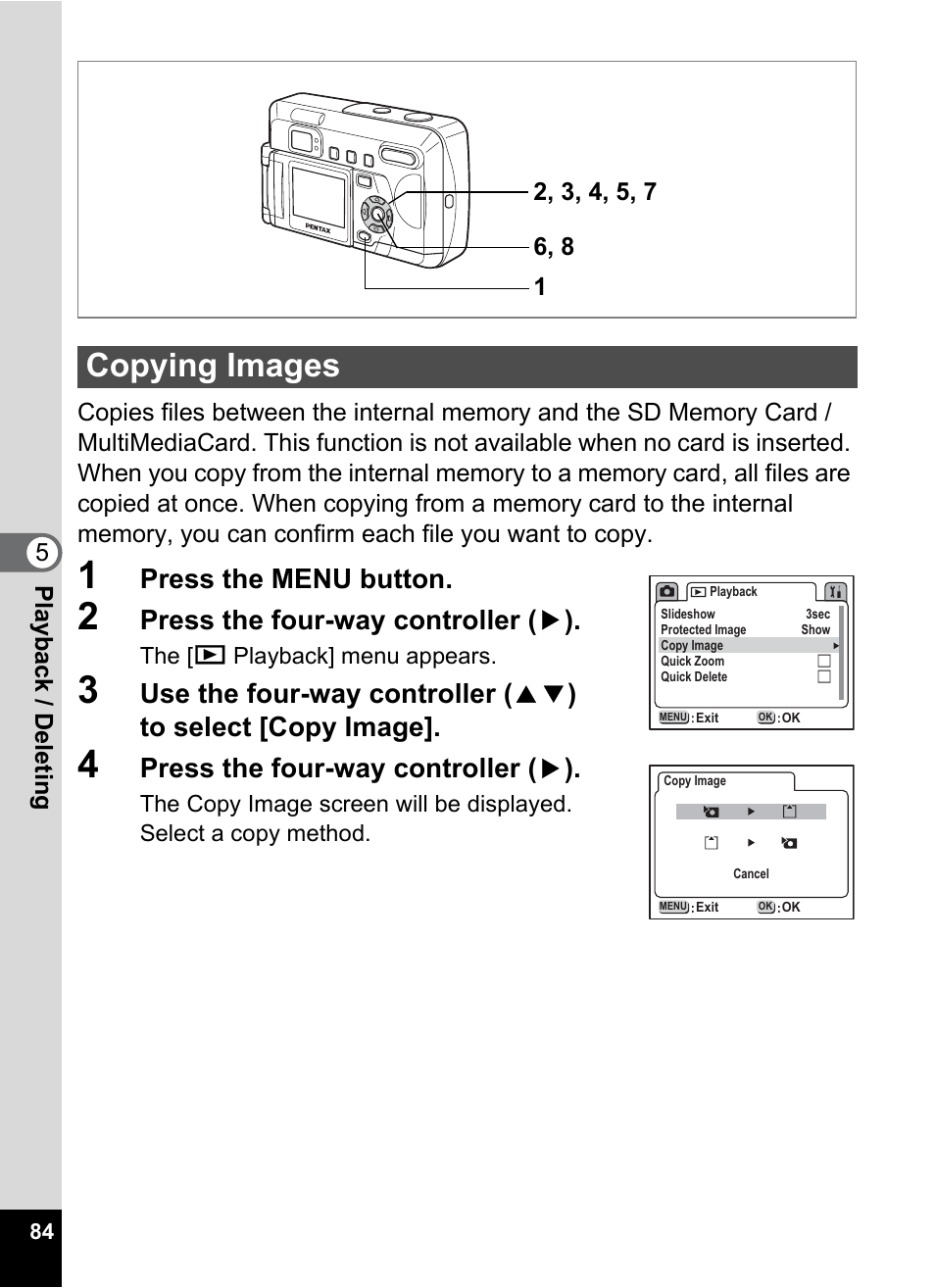 Copying images, P.84, Press the menu button | Press the four-way controller ( 5 ) | Pentax Optio 33LF User Manual | Page 84 / 106