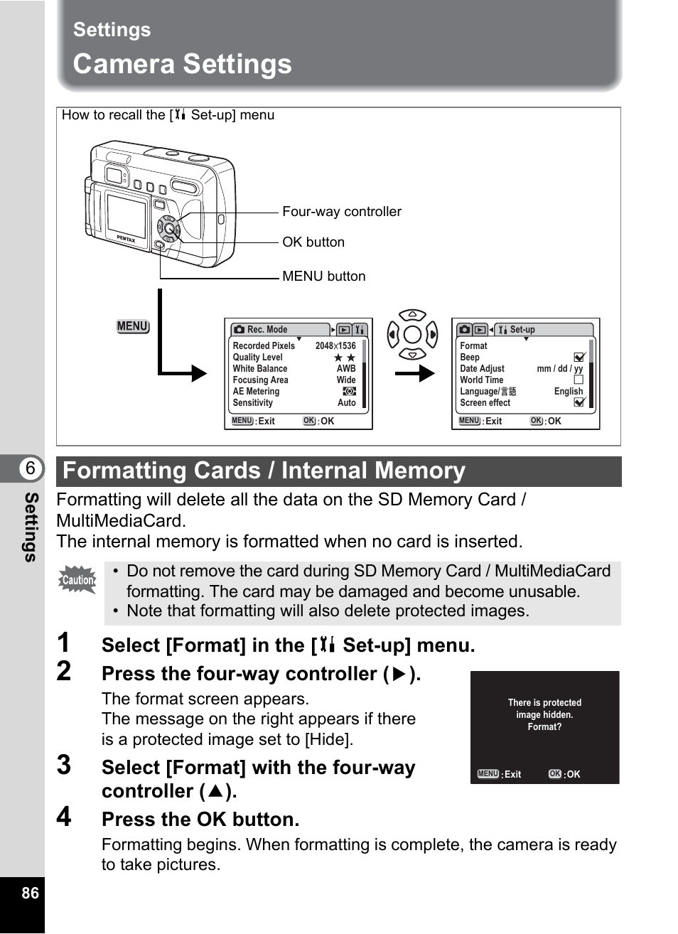 Settings, Camera settings, Formatting cards / internal memory | P.86, Select [format] in the [ b set-up] menu, Press the four-way controller ( 5 ), Select [format] with the four-way controller ( 2 ), Press the ok button, Settings 6 | Pentax Optio 33LF User Manual | Page 86 / 106
