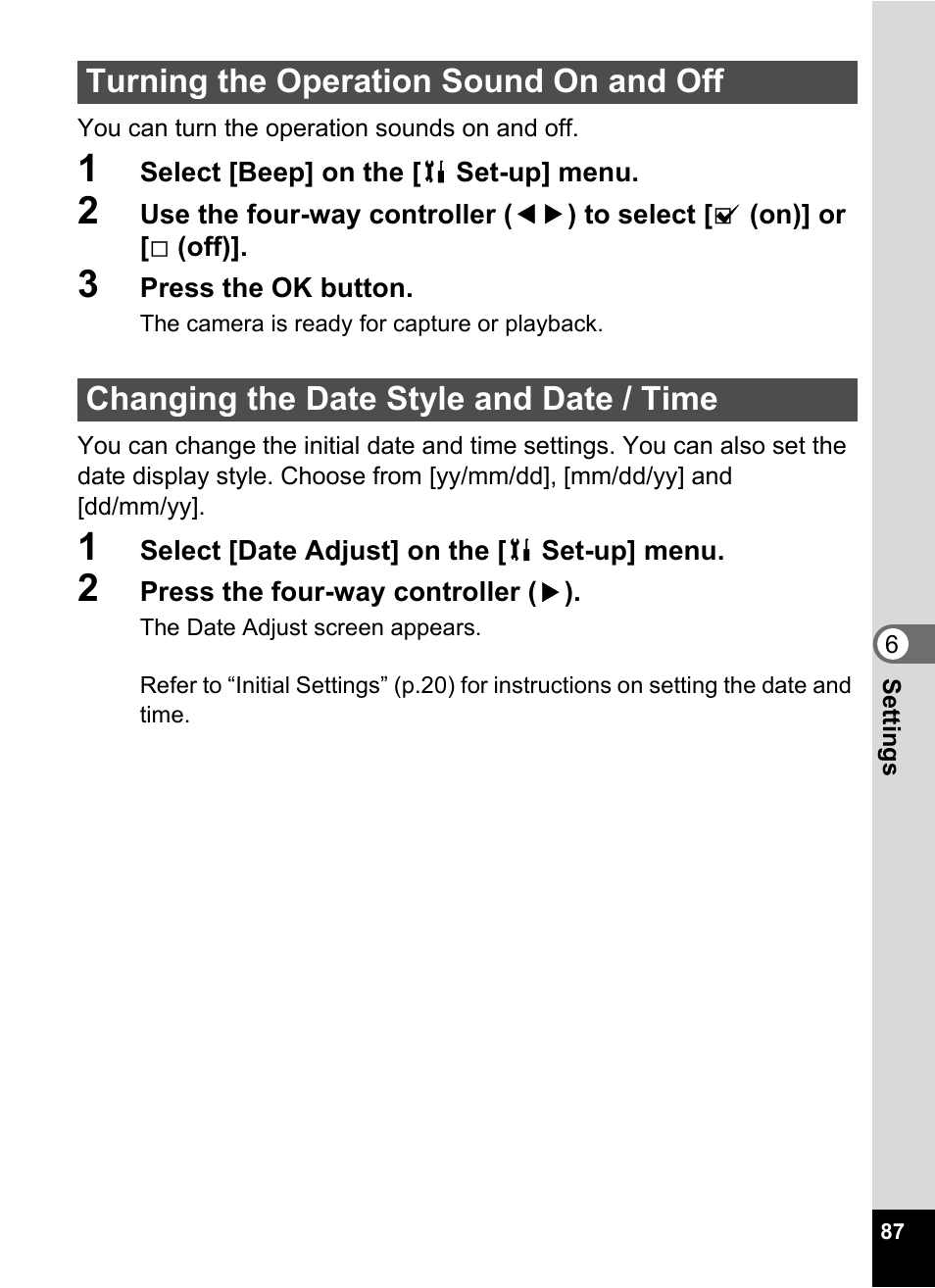 Turning the operation sound on and off, Changing the date style and date / time, P.87 | Pentax Optio 33LF User Manual | Page 87 / 106