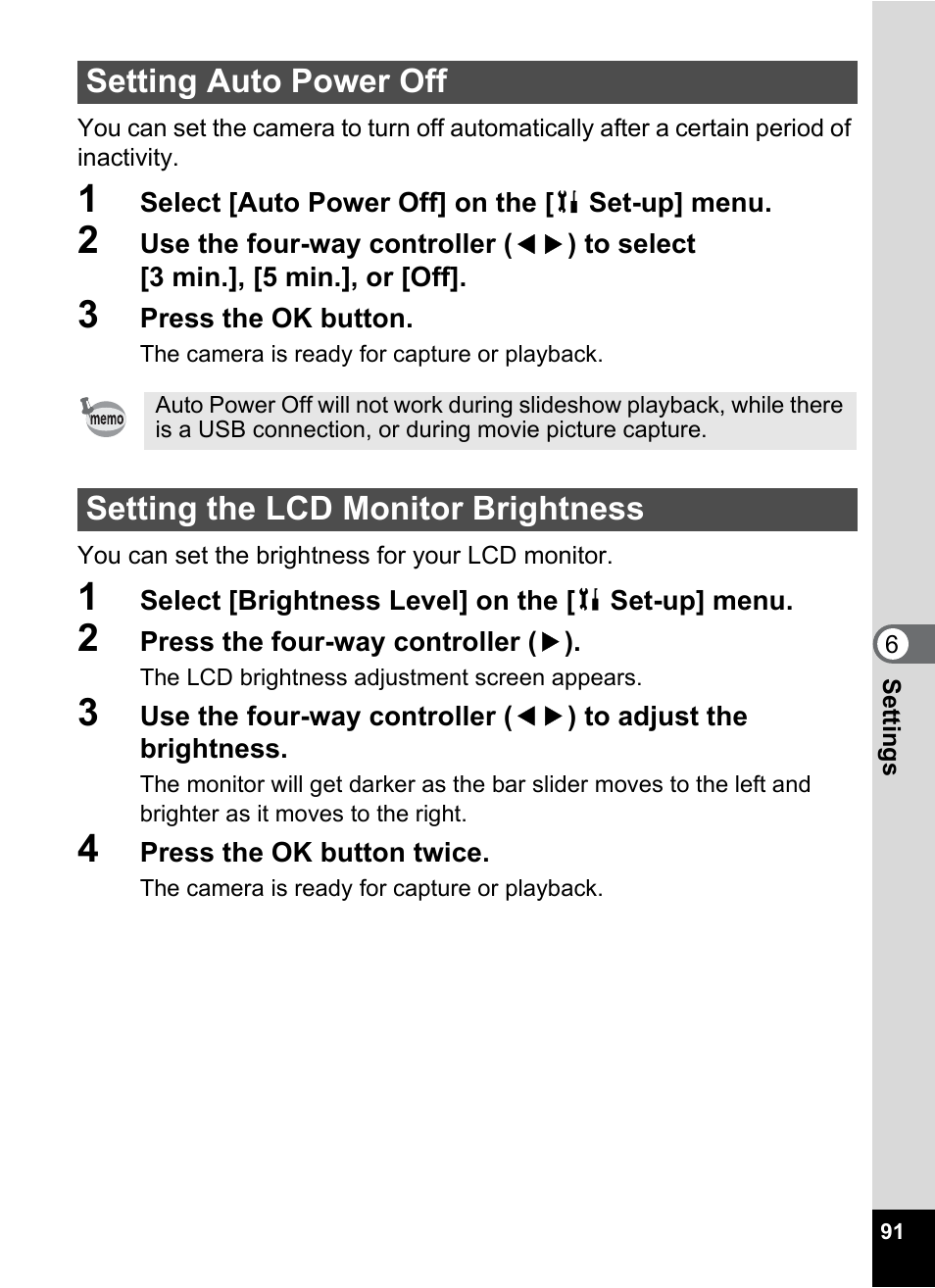 Setting auto power off, Setting the lcd monitor brightness, P.91 | Pentax Optio 33LF User Manual | Page 91 / 106