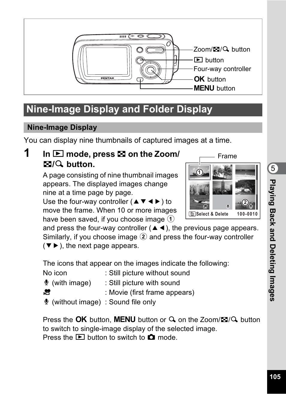 Nine-image display and folder display, 1p.105), P.105) | P.105 | Pentax Digital Camera Optio WP User Manual | Page 107 / 188