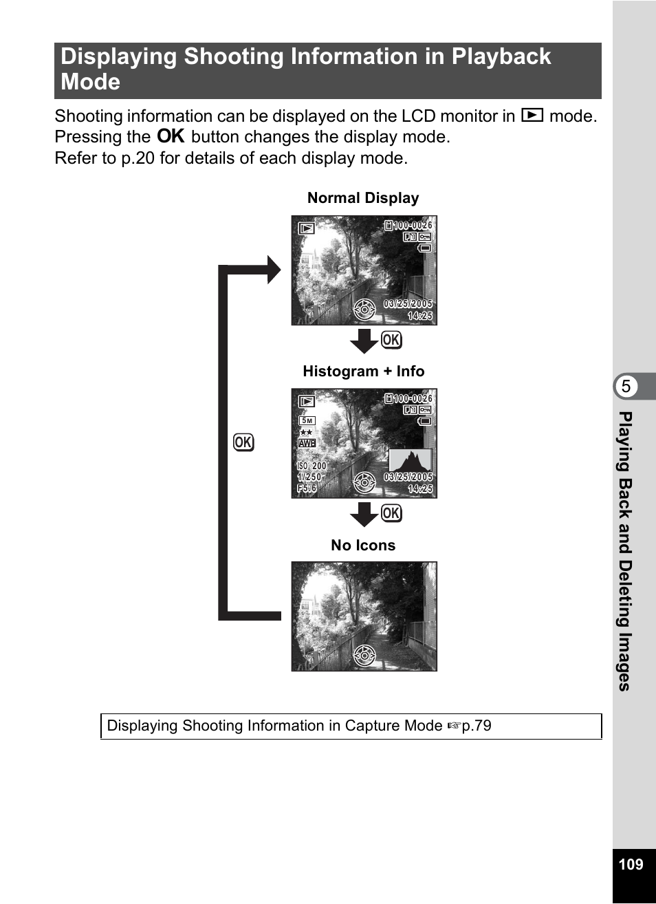 Displaying shooting information in playback mode, 1p.109), P.109 | Normal display histogram + info no icons | Pentax Digital Camera Optio WP User Manual | Page 111 / 188