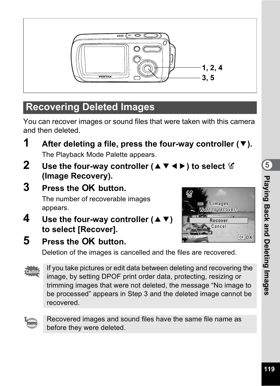Recovering deleted images, 1p.119), P.119 | Pentax Digital Camera Optio WP User Manual | Page 121 / 188