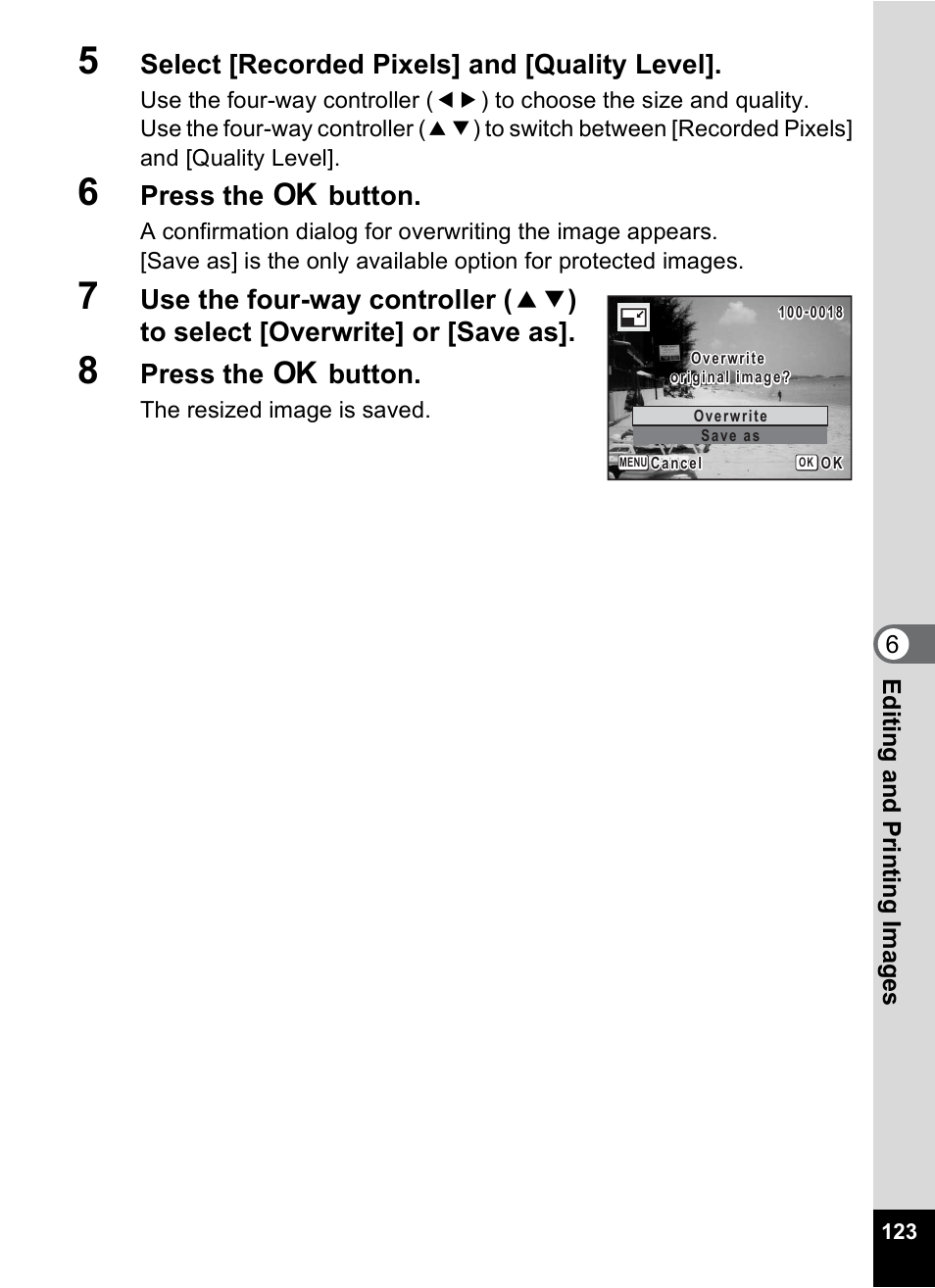 Select [recorded pixels] and [quality level, Press the 4 button | Pentax Digital Camera Optio WP User Manual | Page 125 / 188