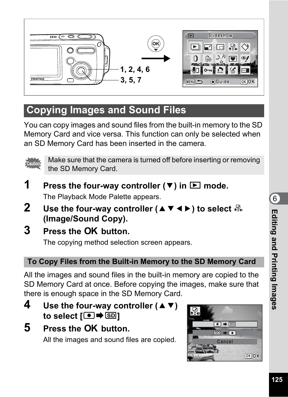 Copying images and sound files, P.125, Press the four-way controller ( 3 ) in q mode | Press the 4 button, Use the four-way controller ( 23 ) to select [ 2 | Pentax Digital Camera Optio WP User Manual | Page 127 / 188