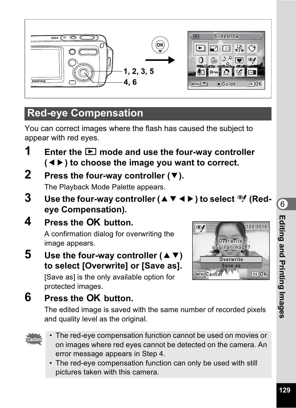 Red-eye compensation, 1 p.129), P.129 | Press the four-way controller ( 3 ), Press the 4 button | Pentax Digital Camera Optio WP User Manual | Page 131 / 188
