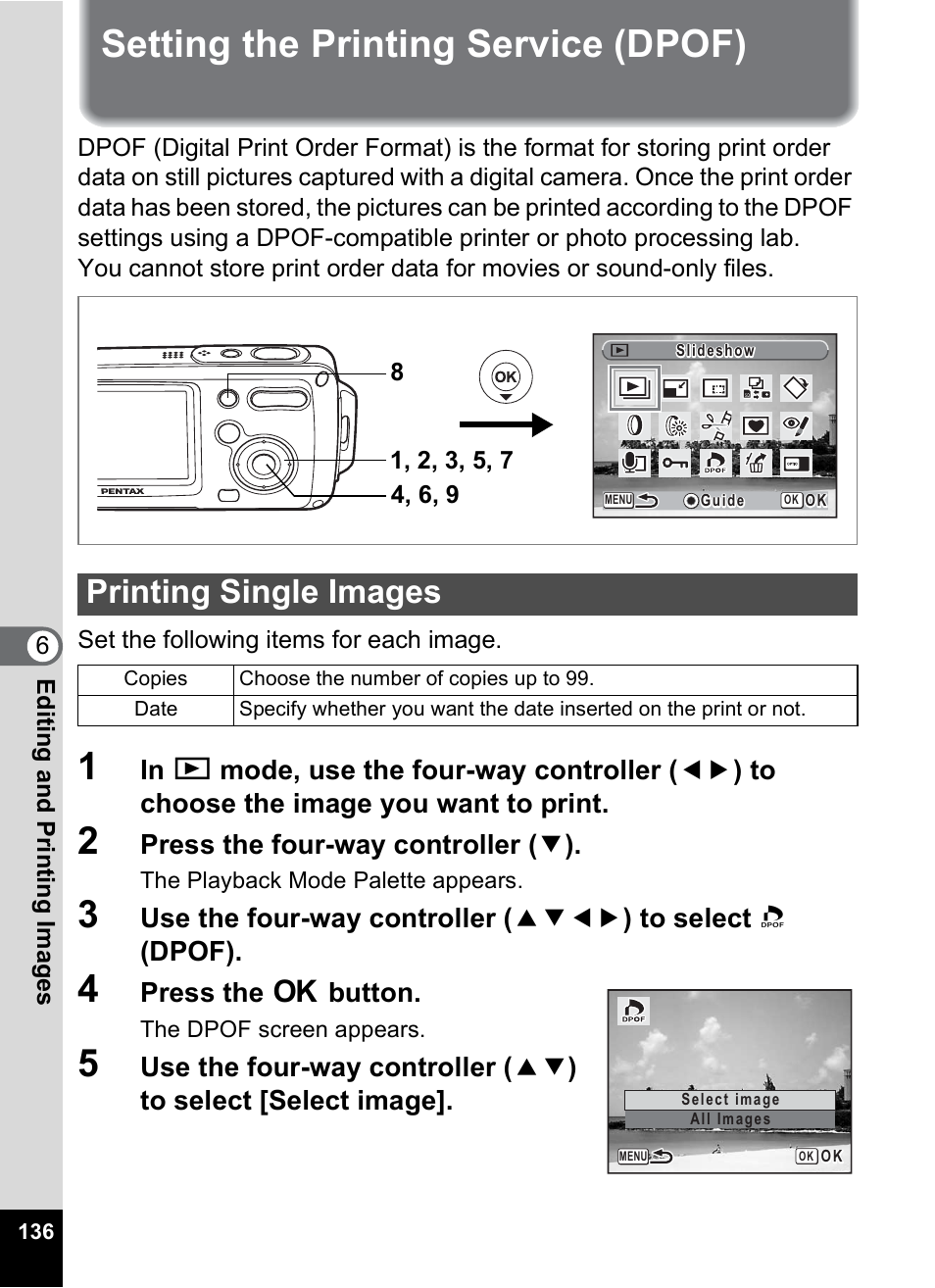 Setting the printing service (dpof), Printing single images, P.136 | Press the four-way controller ( 3 ), Press the 4 button | Pentax Digital Camera Optio WP User Manual | Page 138 / 188