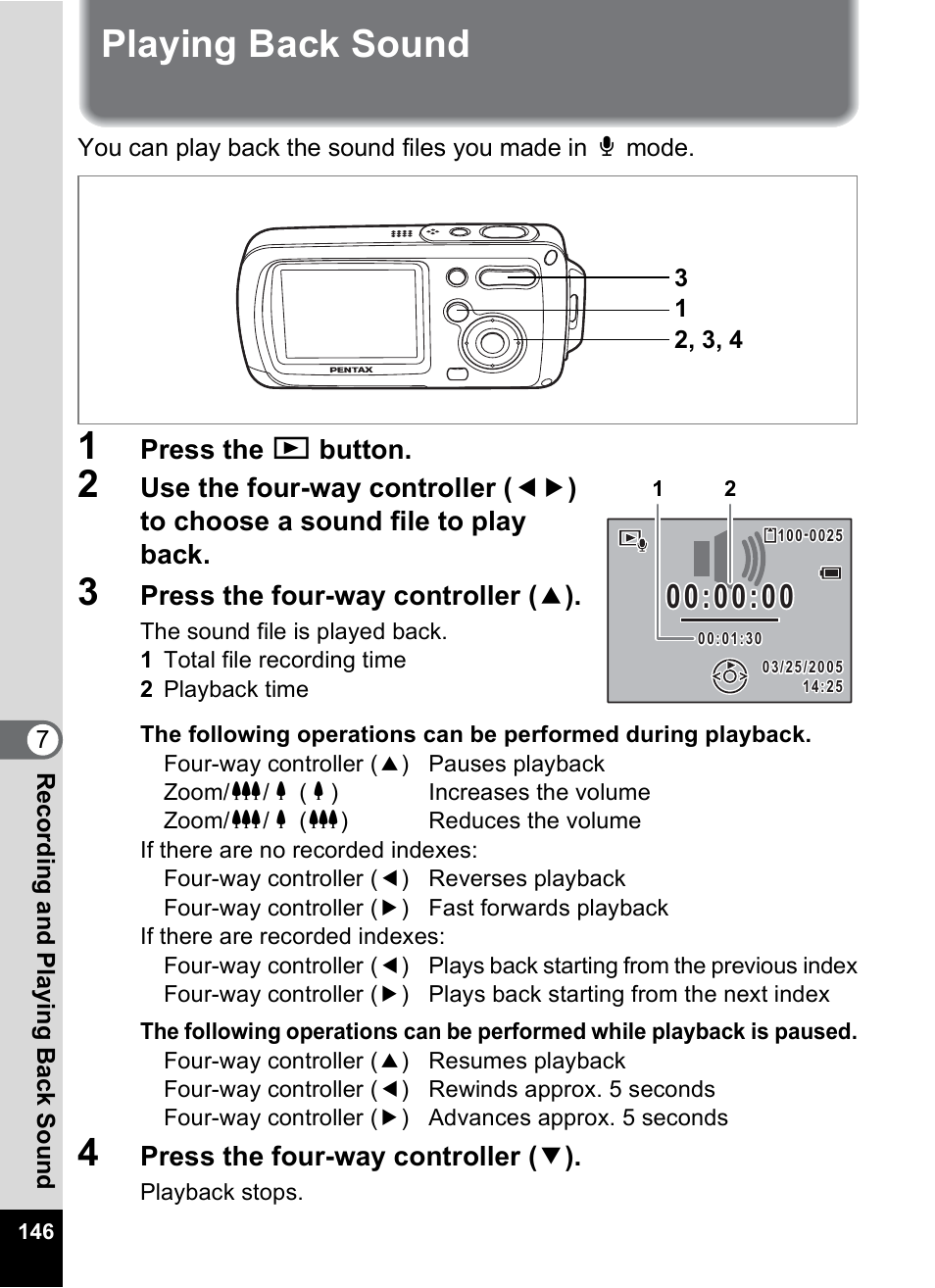 Playing back sound, P.146, P.146) | Pentax Digital Camera Optio WP User Manual | Page 148 / 188