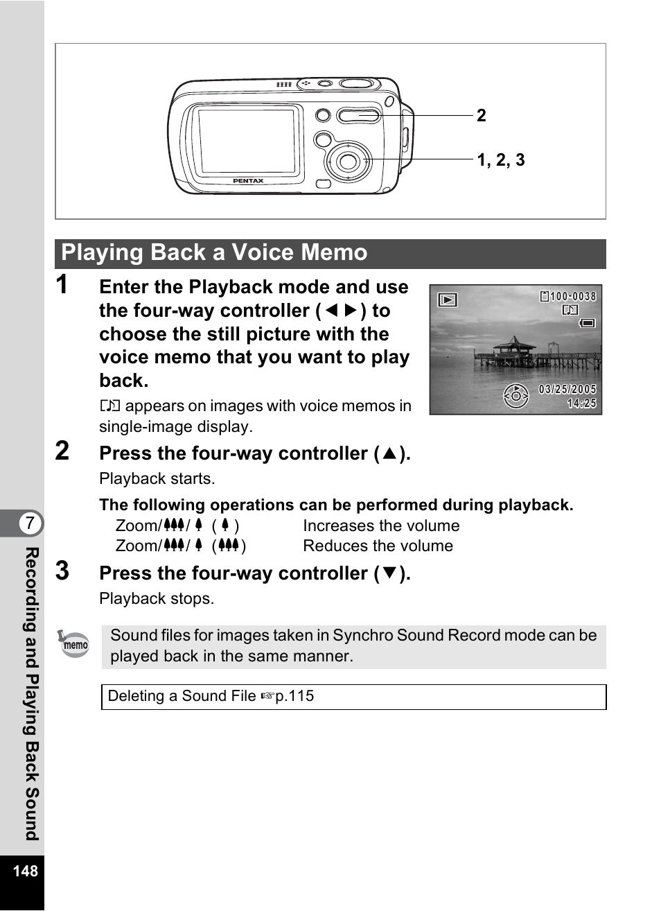Playing back a voice memo, P.148), Press the four-way controller ( 2 ) | Press the four-way controller ( 3 ) | Pentax Digital Camera Optio WP User Manual | Page 150 / 188