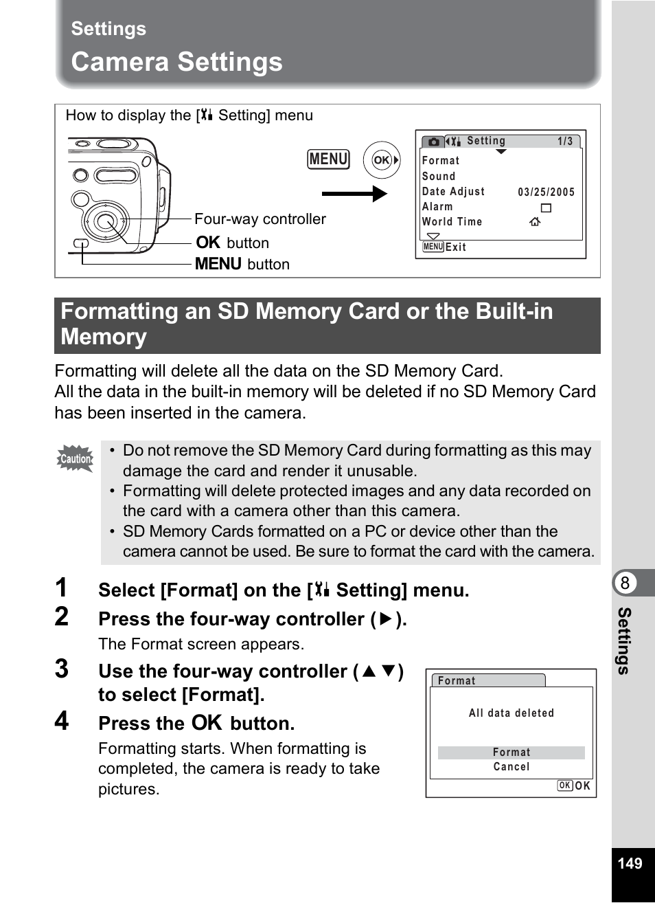 Settings, Camera settings, P.149 | Select [format] on the [ u setting] menu, Press the four-way controller ( 5 ), Press the 4 button | Pentax Digital Camera Optio WP User Manual | Page 151 / 188