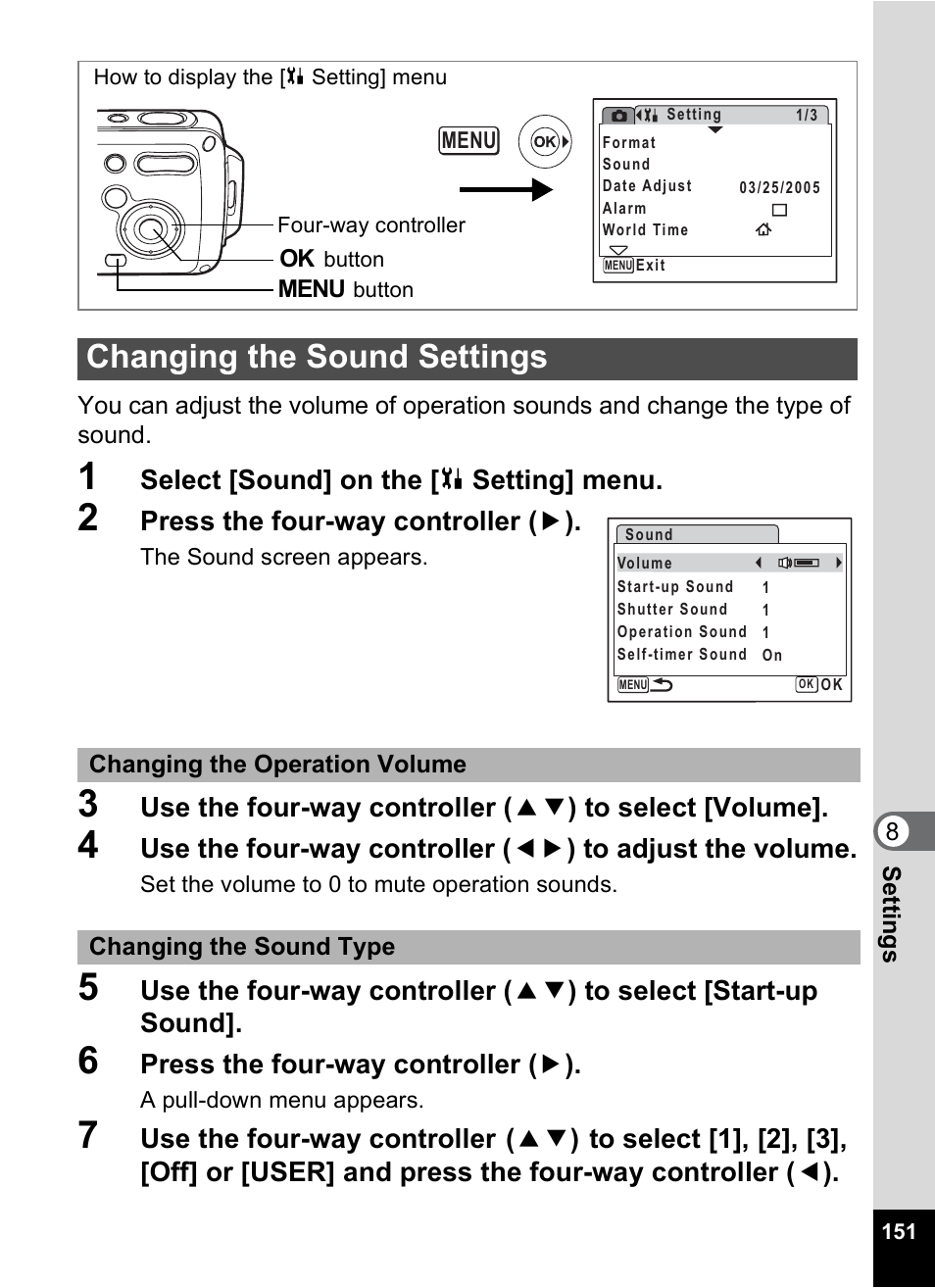 Changing the sound settings, P.151, Select [sound] on the [ u setting] menu | Press the four-way controller ( 5 ) | Pentax Digital Camera Optio WP User Manual | Page 153 / 188