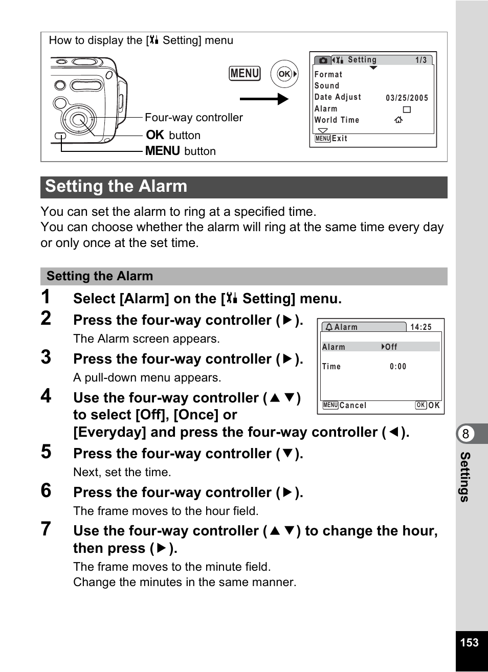 Setting the alarm, P.153, Select [alarm] on the [ u setting] menu | Press the four-way controller ( 5 ), Press the four-way controller ( 3 ) | Pentax Digital Camera Optio WP User Manual | Page 155 / 188