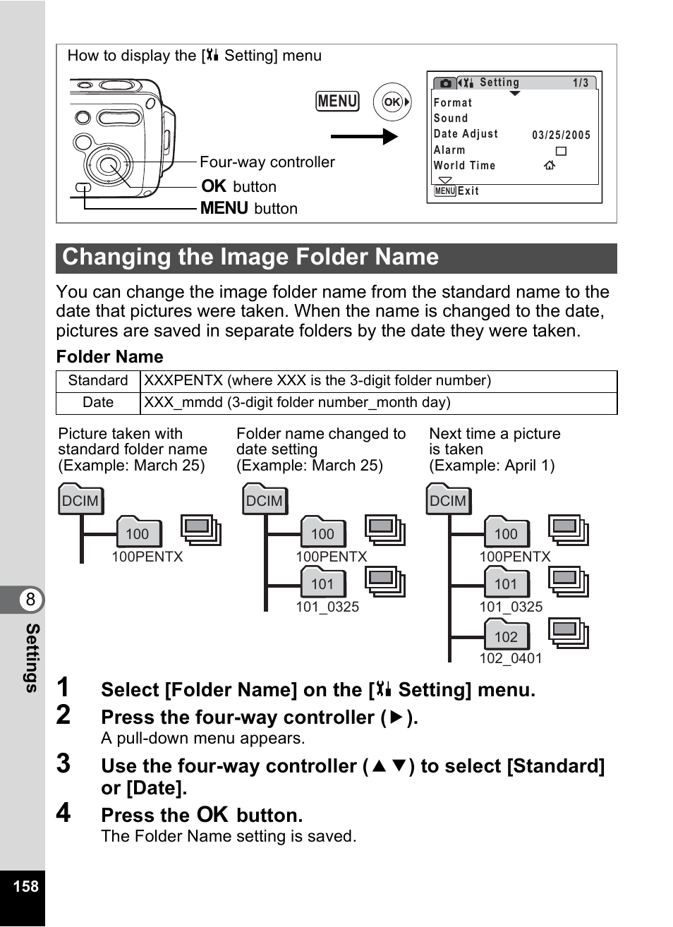 Changing the image folder name, P.158), P.158 | Select [folder name] on the [ u setting] menu, Press the four-way controller ( 5 ), Press the 4 button | Pentax Digital Camera Optio WP User Manual | Page 160 / 188