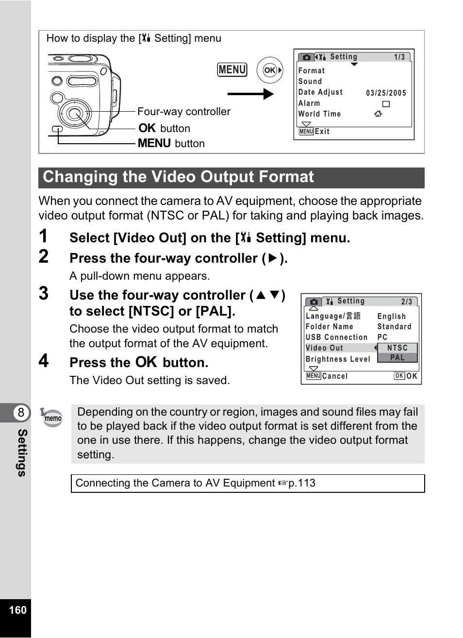 Changing the video output format, P.160, Select [video out] on the [ u setting] menu | Press the four-way controller ( 5 ), Press the 4 button | Pentax Digital Camera Optio WP User Manual | Page 162 / 188