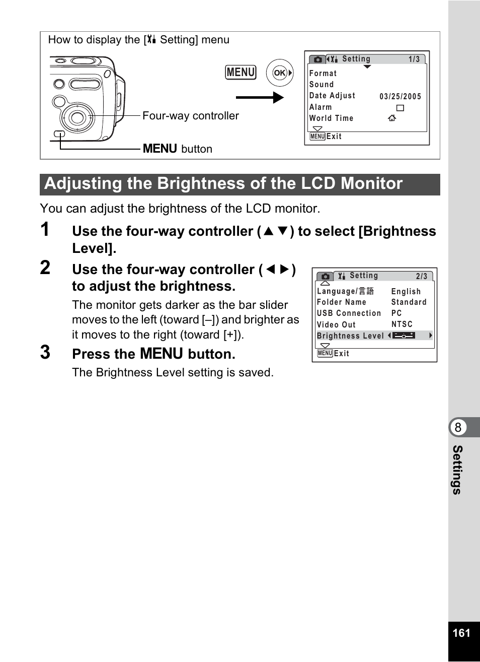 Adjusting the brightness of the lcd monitor, P.161, Press the 3 button | Pentax Digital Camera Optio WP User Manual | Page 163 / 188