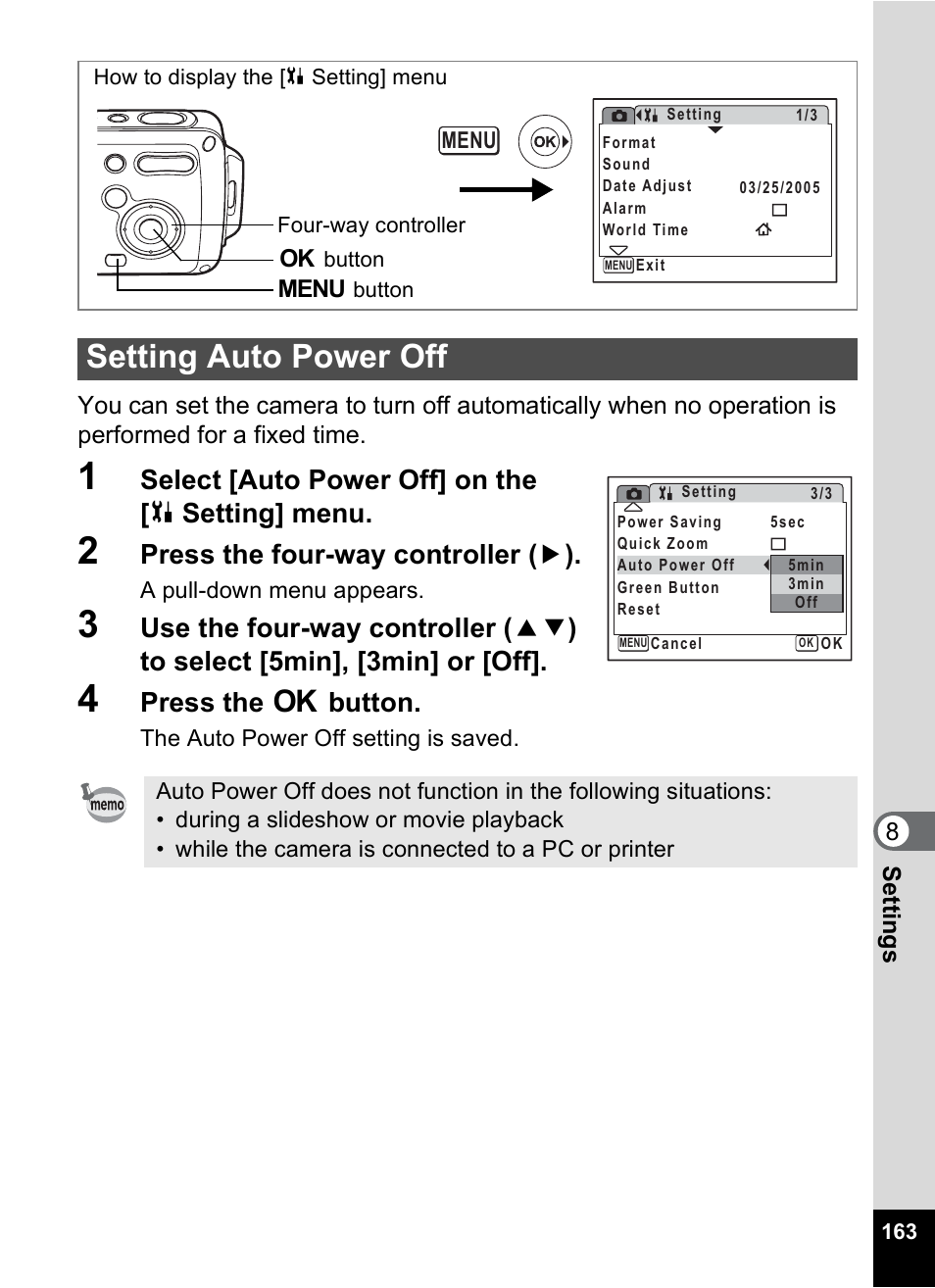 Setting auto power off, P.163, Select [auto power off] on the [ u setting] menu | Press the four-way controller ( 5 ), Press the 4 button | Pentax Digital Camera Optio WP User Manual | Page 165 / 188