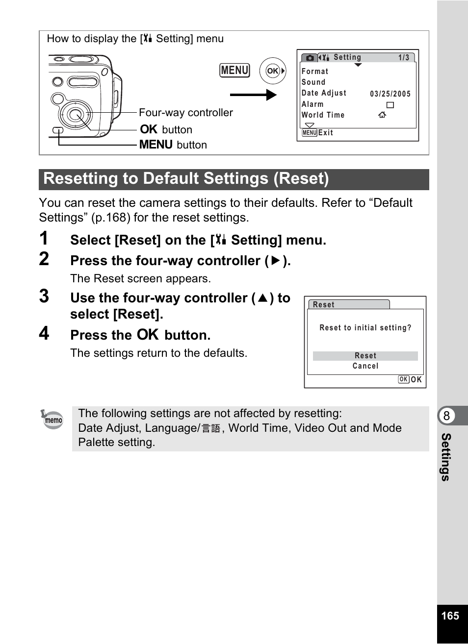 Resetting to default settings (reset), P.165, Select [reset] on the [ u setting] menu | Press the four-way controller ( 5 ), Use the four-way controller ( 2 ) to select [reset, Press the 4 button | Pentax Digital Camera Optio WP User Manual | Page 167 / 188
