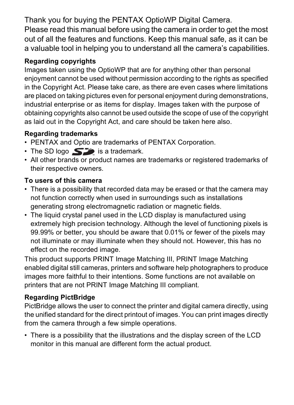 Pentax Digital Camera Optio WP User Manual | Page 2 / 188