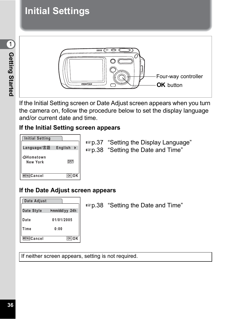 Initial settings, 1gettin g sta rte d | Pentax Digital Camera Optio WP User Manual | Page 38 / 188