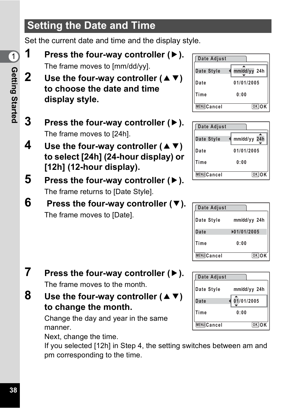 Setting the date and time, P.38), Press the four-way controller ( 5 ) | Press the four-way controller ( 3 ) | Pentax Digital Camera Optio WP User Manual | Page 40 / 188