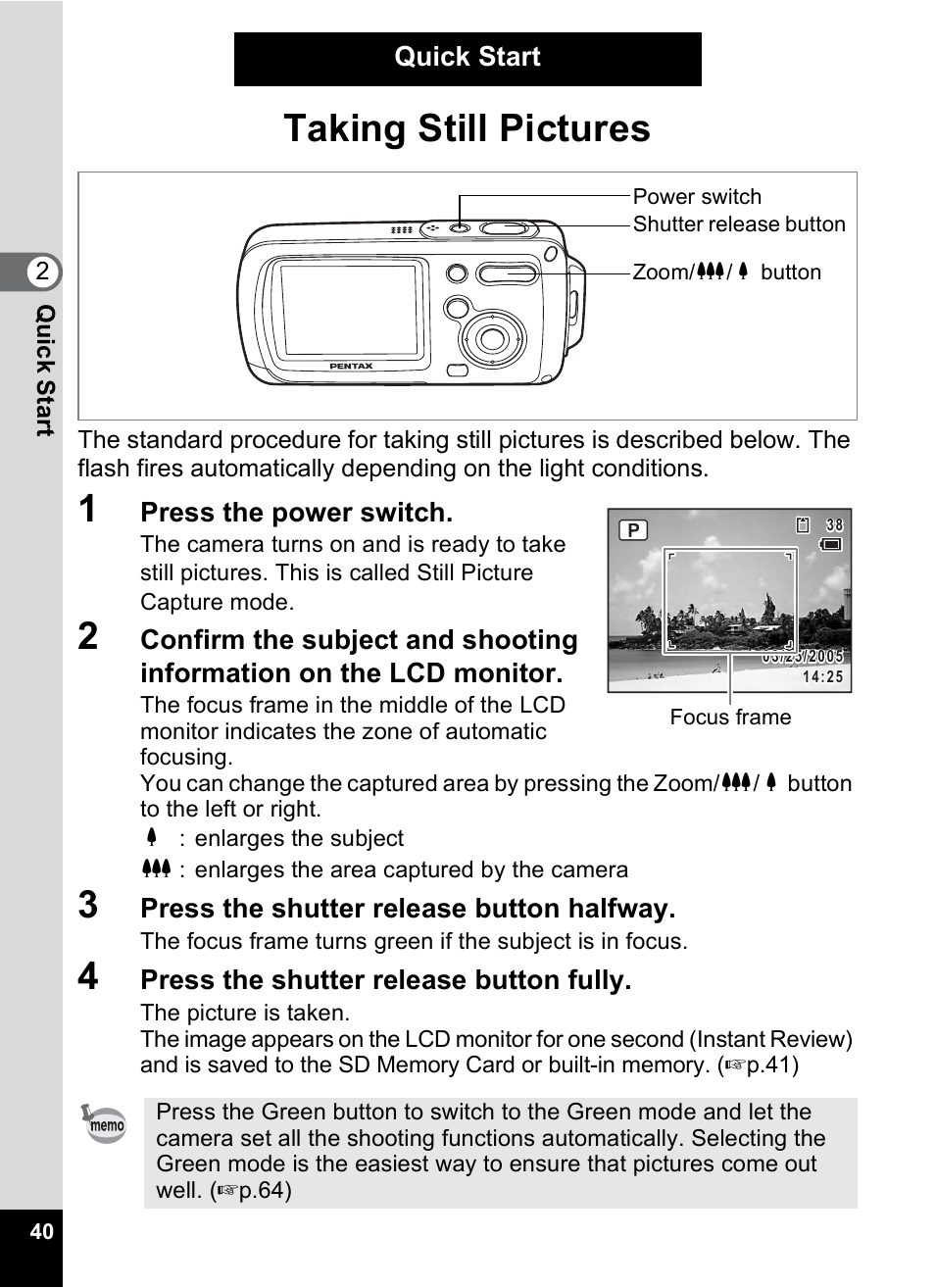 Quick start, Taking still pictures, P.40) | Pentax Digital Camera Optio WP User Manual | Page 42 / 188