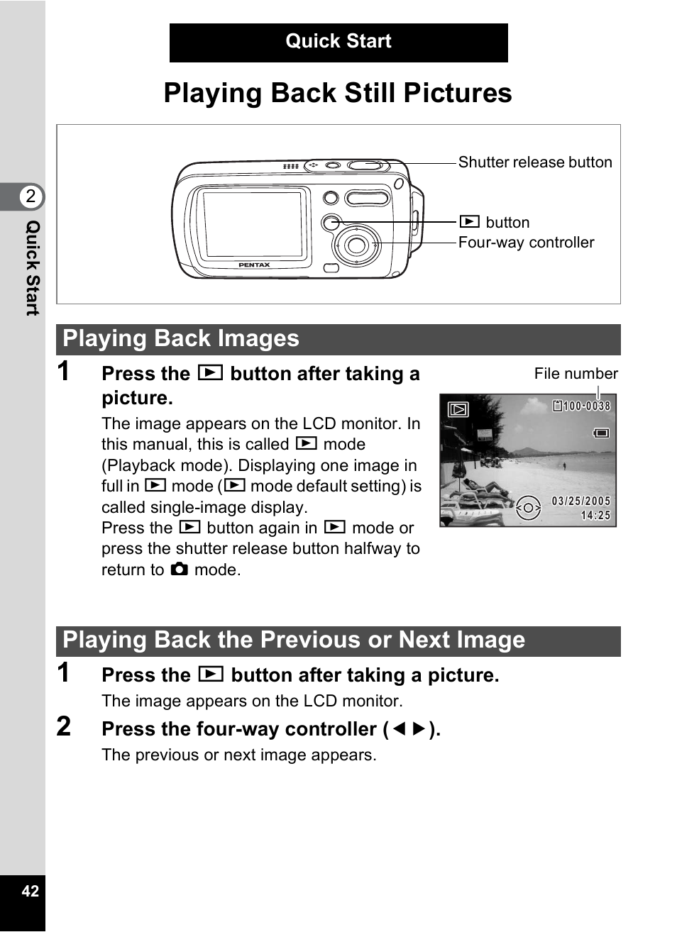 Playing back still pictures, Playing back images, Playing back the previous or next image | Playing back still pictures 1 | Pentax Digital Camera Optio WP User Manual | Page 44 / 188