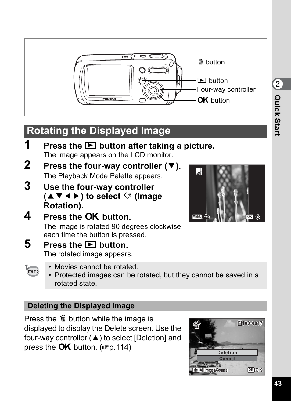 Rotating the displayed image, Press the q button after taking a picture, Press the four-way controller ( 3 ) | Press the 4 button, Press the q button | Pentax Digital Camera Optio WP User Manual | Page 45 / 188