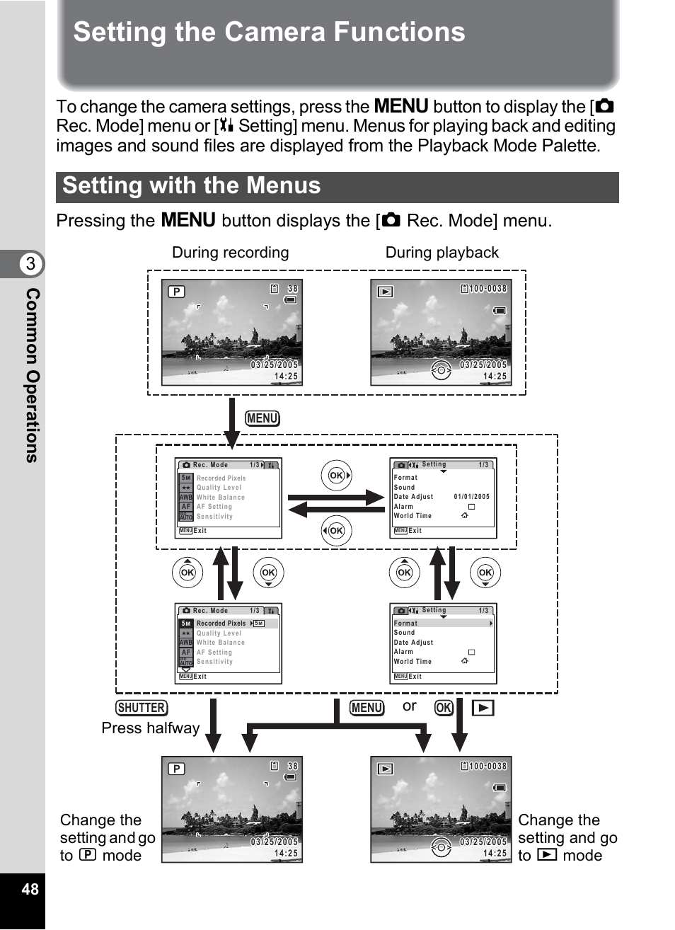 Setting the camera functions, Setting with the menus, 1p.48 | P.48, 3com m on o p erati ons, Menu ok shutter menu | Pentax Digital Camera Optio WP User Manual | Page 50 / 188