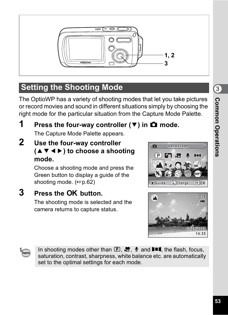 Setting the shooting mode, 1p.53), P.53) | P.53, Press the four-way controller ( 3 ) in a mode, Press the 4 button | Pentax Digital Camera Optio WP User Manual | Page 55 / 188