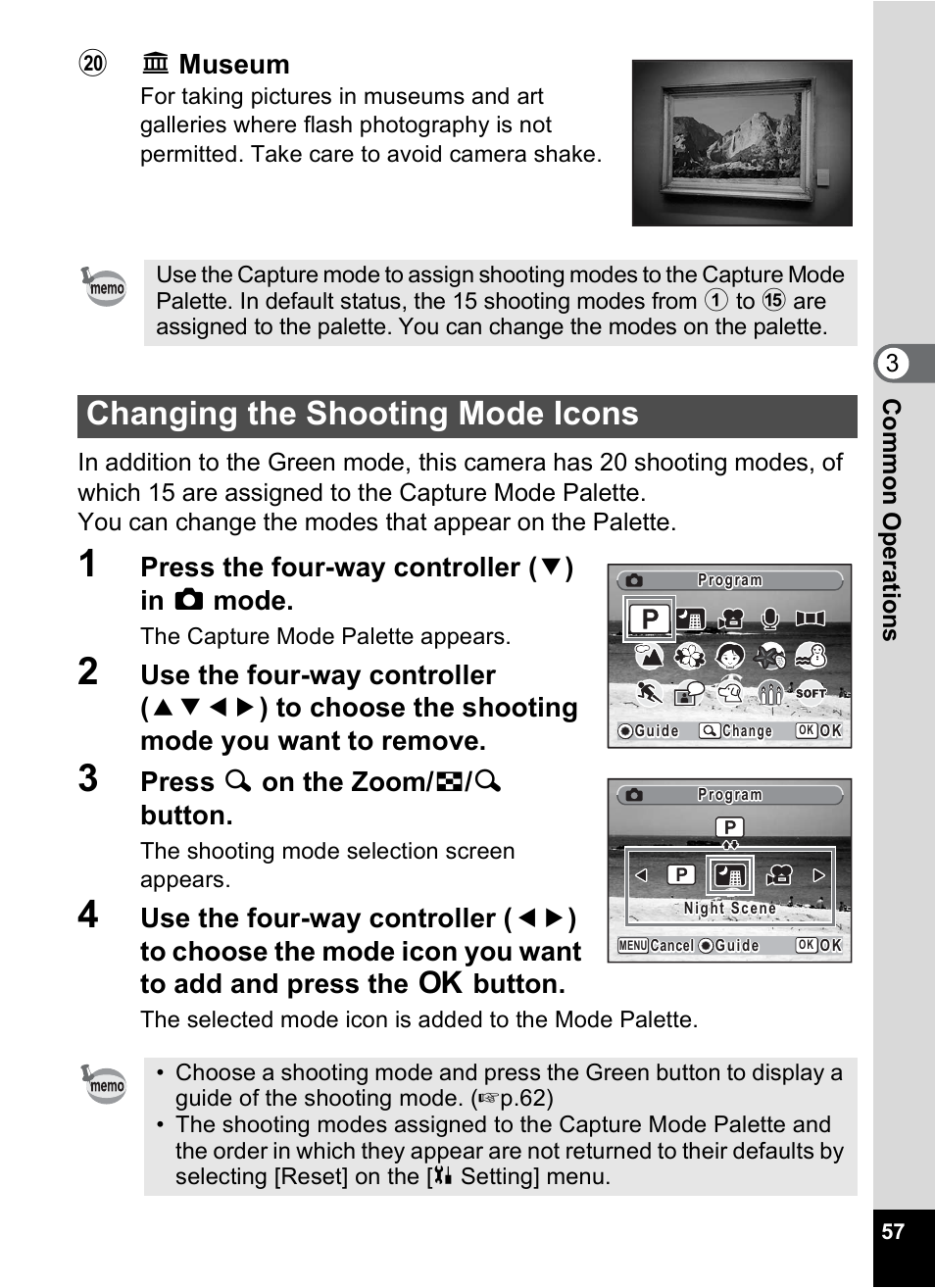 Changing the shooting mode icons, P.57, Jj museum | Press the four-way controller ( 3 ) in a mode, Press y on the zoom/ f / y button, 3com m on o p erati ons | Pentax Digital Camera Optio WP User Manual | Page 59 / 188
