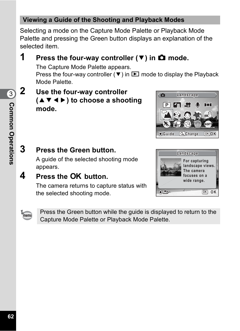 P.62), 1 p.62), P.62 | Press the four-way controller ( 3 ) in a mode, Press the green button, Press the 4 button | Pentax Digital Camera Optio WP User Manual | Page 64 / 188