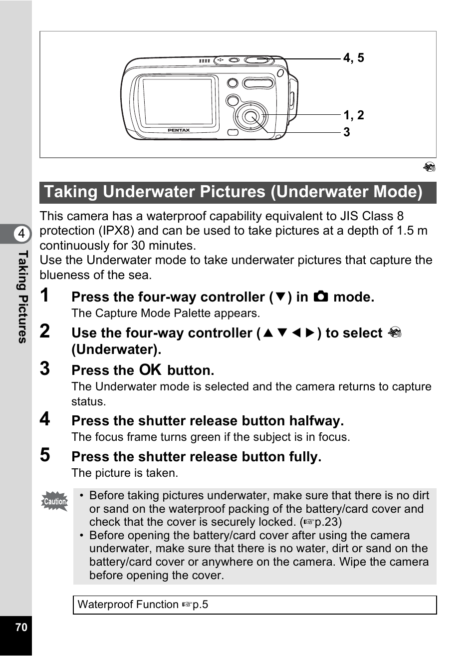 Taking underwater pictures (underwater mode) | Pentax Digital Camera Optio WP User Manual | Page 72 / 188