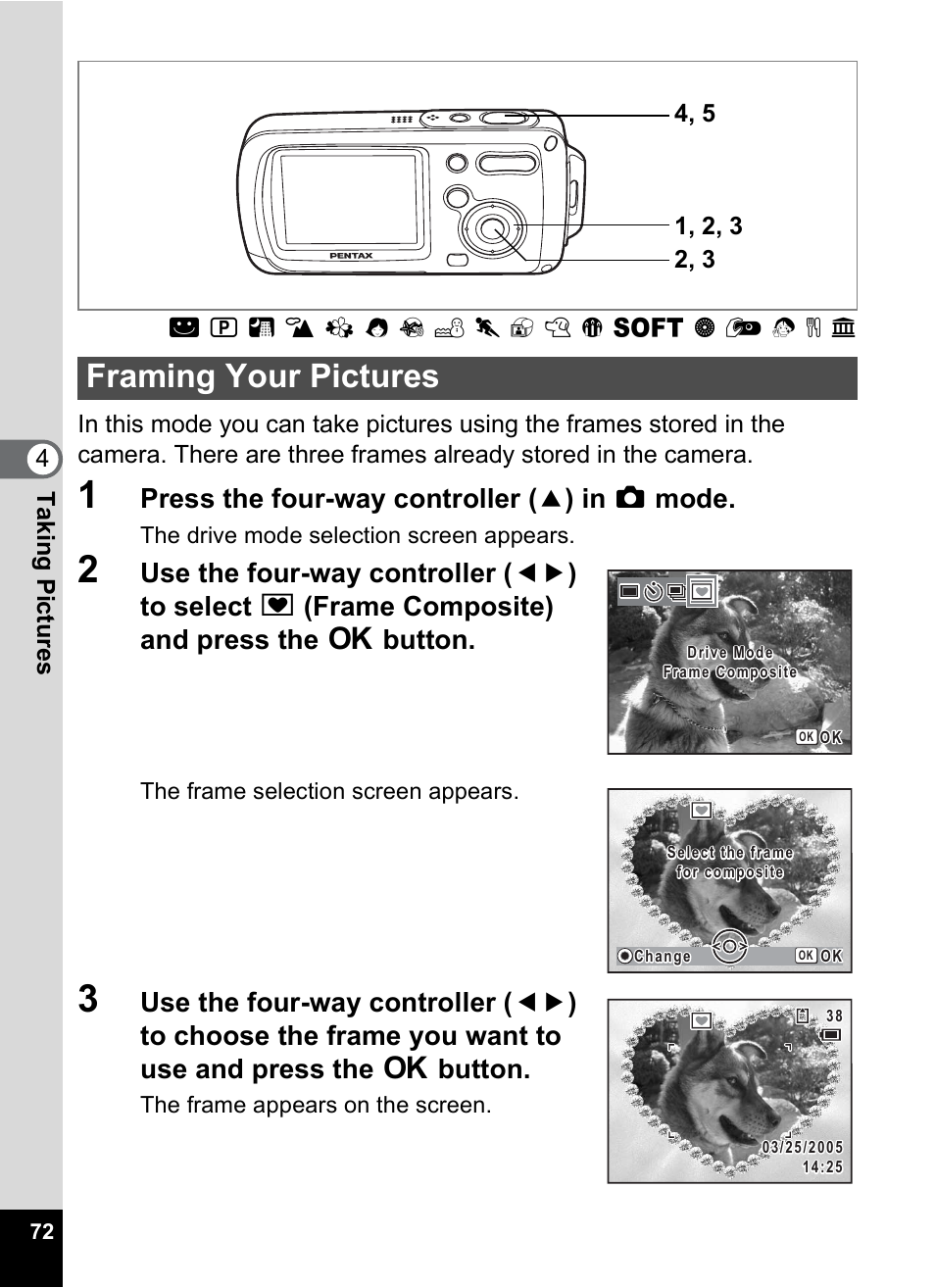 Framing your pictures, P.72, Press the four-way controller ( 2 ) in a mode | Pentax Digital Camera Optio WP User Manual | Page 74 / 188