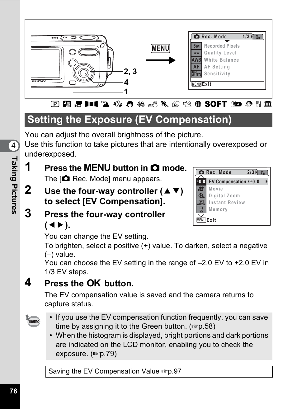 Setting the exposure (ev compensation), P.76), P.76 | Press the 3 button in a mode, Press the four-way controller ( 45 ), Press the 4 button | Pentax Digital Camera Optio WP User Manual | Page 78 / 188