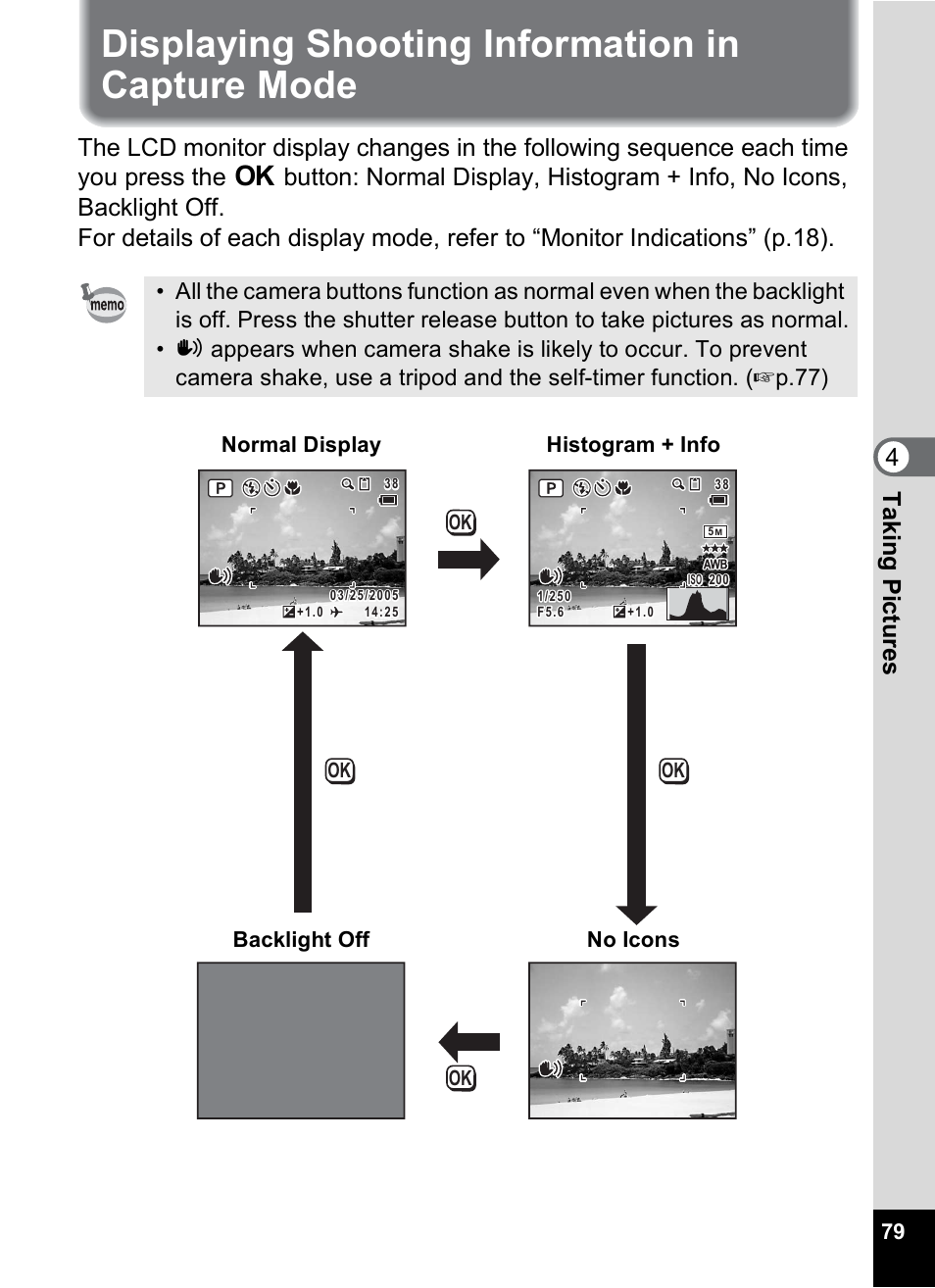 Displaying shooting information in capture mode, P.79, 1p.79) | 4tak ing pi cture s | Pentax Digital Camera Optio WP User Manual | Page 81 / 188