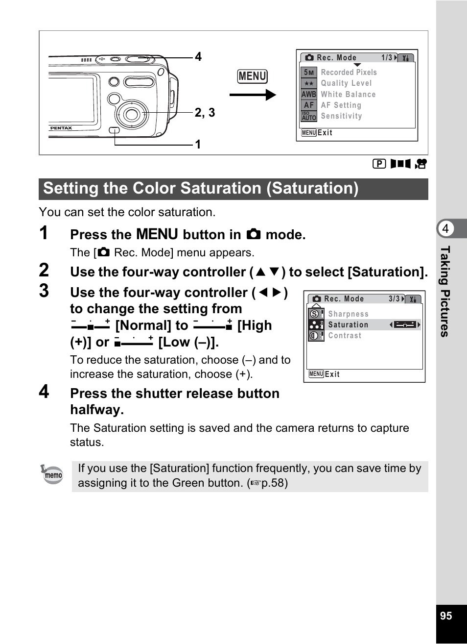 Setting the color saturation (saturation), P.95, Press the 3 button in a mode | Press the shutter release button halfway | Pentax Digital Camera Optio WP User Manual | Page 97 / 188