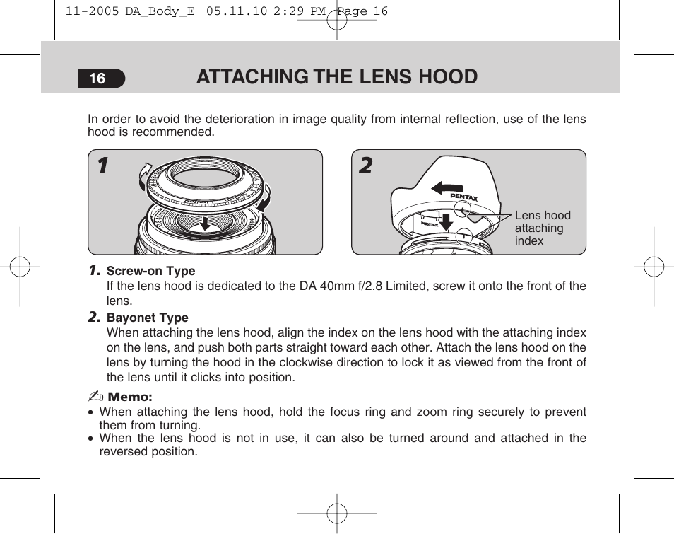 Attaching the lens hood | Pentax Digital Camera Lens User Manual | Page 18 / 32