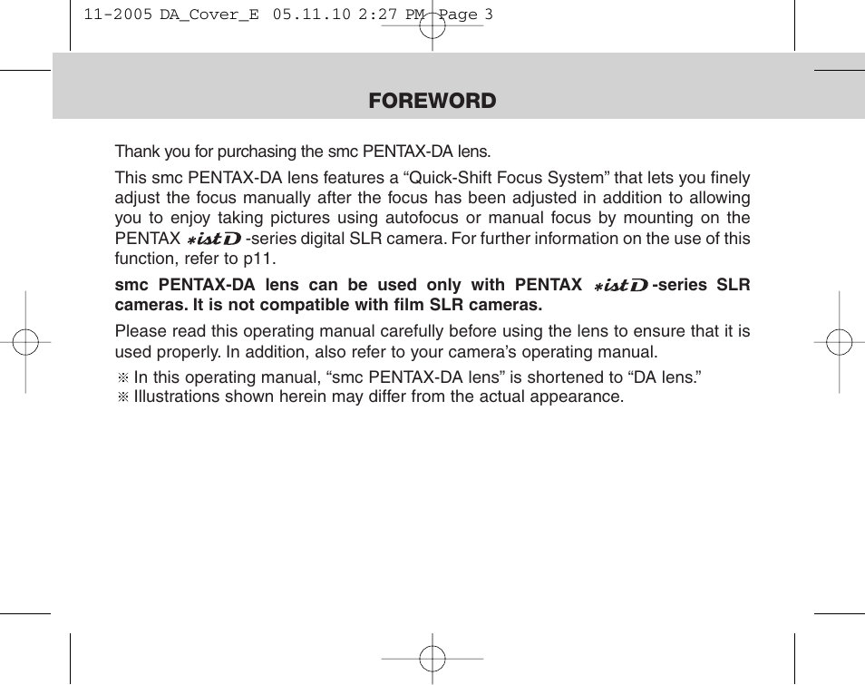 Foreword | Pentax Digital Camera Lens User Manual | Page 2 / 32