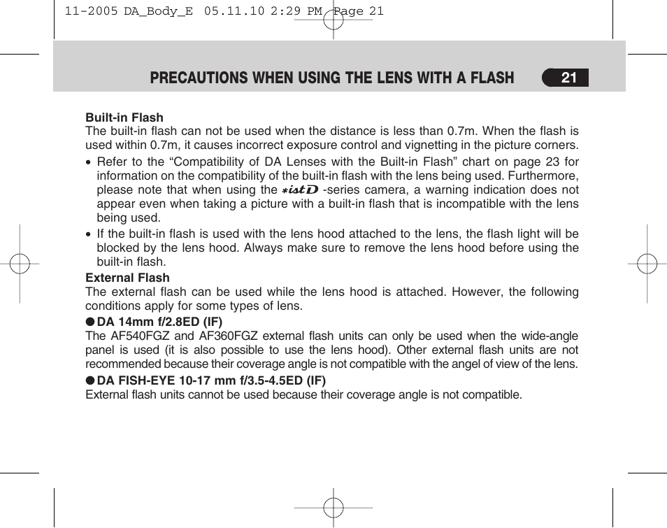 Precautions when using the lens with a flash | Pentax Digital Camera Lens User Manual | Page 23 / 32