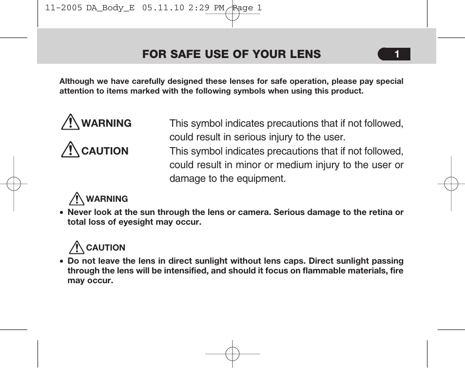For safe use of your lens | Pentax Digital Camera Lens User Manual | Page 3 / 32