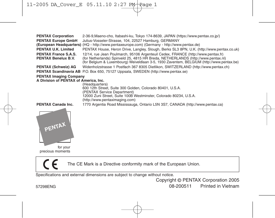 Pent ax | Pentax Digital Camera Lens User Manual | Page 32 / 32