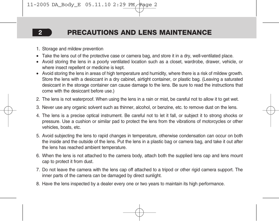 Precautions and lens maintenance | Pentax Digital Camera Lens User Manual | Page 4 / 32