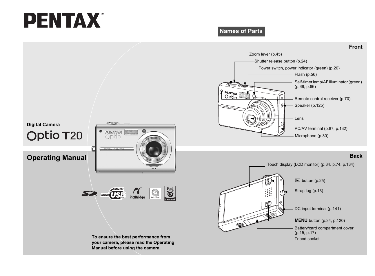 Pentax Optio T20 User Manual | 168 pages